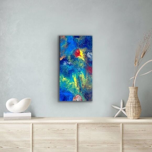 Splatter Blue, Yellow and Green Pour Painting 10 x 20 Stretched Canvas Art - Picture 2 of 10